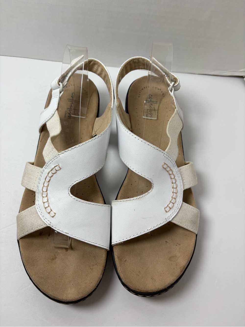 Clarks Collection White Strappy Sandals Hook & Loop Closure Size 12